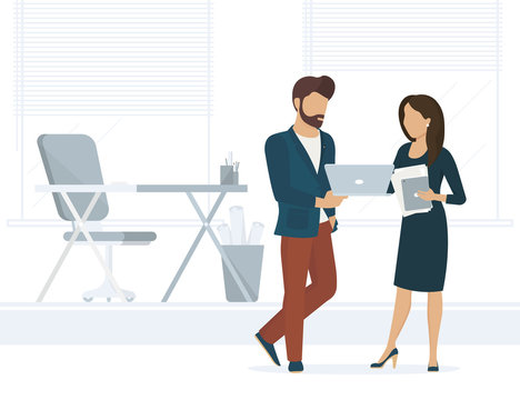 Office people discuss a project. Flat illustration of project brainstorming between two colleagues. Man showing the project on laptop to female business woman. He is a designer or project developer