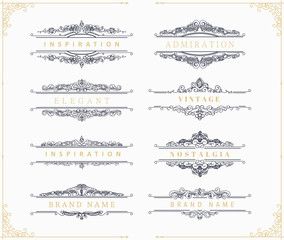 Collection of vintage flourishes calligraphic ornaments and frames. Retro style of design elements, decorations for postcard, banners, logos. Vector template