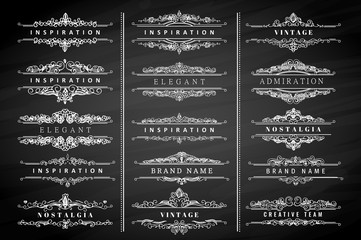 Collection of vintage flourishes calligraphic ornaments and frames. Retro style of design elements, decorations for postcard, banners, logos. Vector template