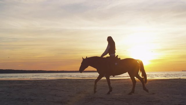 Silhouette of Young Rider on Horse at Beach in Sunset Light. Shot on RED Cinema Camera.