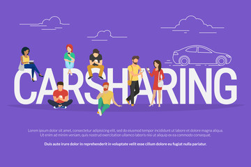 Carsharing concept illustration of various people using mobile gadgets such as tablet pc and smartphone to rent a car via carsharing service. Flat design of guys and women standing near big letters
