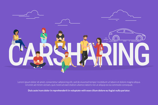 Carsharing concept illustration of various people using mobile gadgets such as tablet pc and smartphone to rent a car via carsharing service. Flat design of guys and women standing near big letters