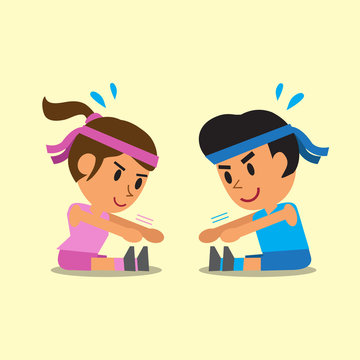 Cartoon man and woman do sitting toe touch exercise