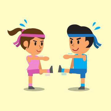 Cartoon man and woman do standing toe touch exercise