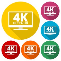 4K tv icon - Vector set with long shadow