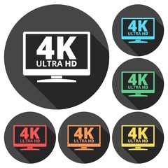 4K tv icon - Vector set with long shadow