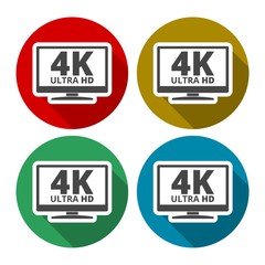 4K tv icon - Vector set with long shadow
