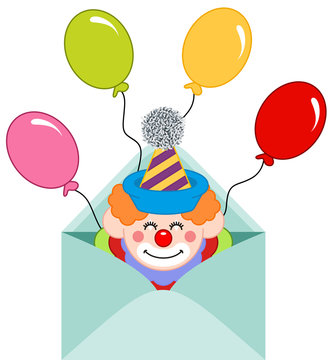 Envelope opened with clown and balloons
