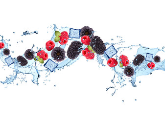 Fresh fruits, berries falling in water splash, isolated on white background
