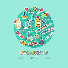 Set of Colorful doodle sketch medic icons - syringe, pipette, vial, bottle, tablet, flask, Capsule, stethoscope. Hand drawn ink icons for medicine and health are arranged in the shape of a circle