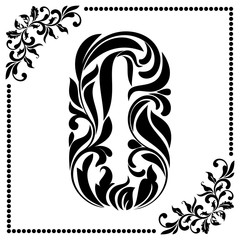 Decorative Font with swirls and floral elements. Ornate decorated digit zero on white background.