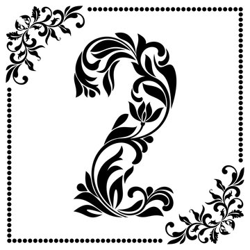 Decorative Font with swirls and floral elements. Ornate decorated digit two on white background.