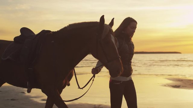 Young Girl and her Horse Walking on Beach in Sunset Light. Shot on RED Cinema Camera.