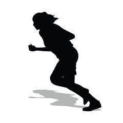 Vector silhouettes of running women. Girl runs and casts a shado
