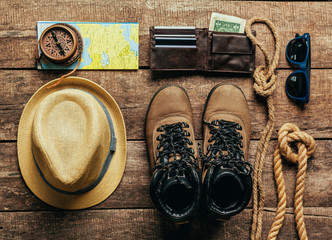 Top view of travel equipment for a mountain trip
