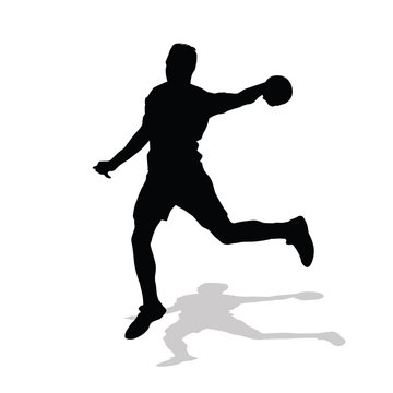 Handball player throws ball to goal. Vector silhouette handball