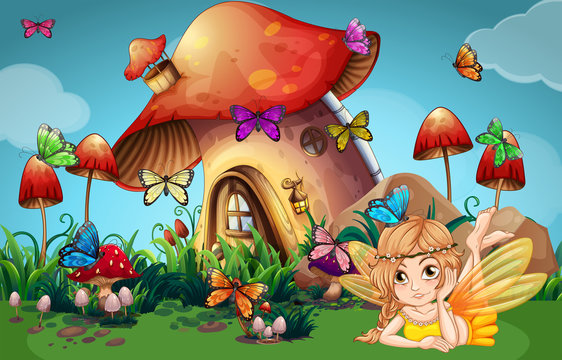 Fairy and butterflies at mushroom house