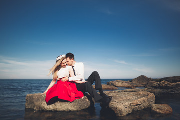 Charming bride, elegant groom on landscapes of mountains and sea Gorgeous wedding couple