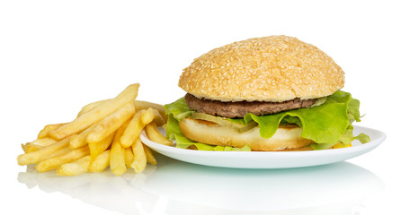 Hamburger and french fries isolated on white.