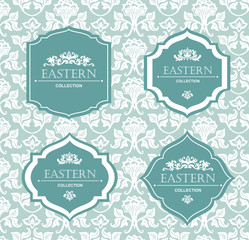 Vector vintage collection: Baroque and antique frames, labels, emblems and ornamental design elements on a victorian floral  background