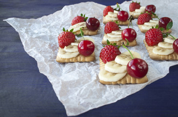dessert with strawberry, cherry and banana,tasty food.