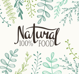  Eco Card with plants and lettering Natural food 100%. All objects isolated. Vector.