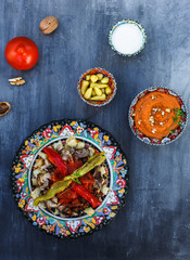 Turkish Kebab iskender doner in tradishional plates