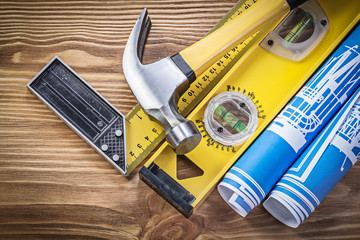 Blue engineering drawings construction level square ruler claw h