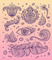 Set of Ornamental Boho Style elements on the stylish orange pink background. Vector illustration.