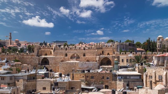 Panorama of Jerusalem Old City and Damascus Gate timelapse from Austrian Hospice Roof, Israel