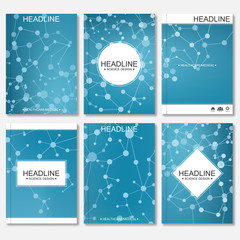 Science vector background. Modern vector templates for brochure, flyer, cover magazine or report in A4 size. Molecule structure and communication on the blue background.