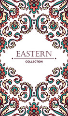 Vintage ornate card with Eastern floral elements.  Filigree vector border with place for your text. Ornamental frame for greeting card, wedding invitation.