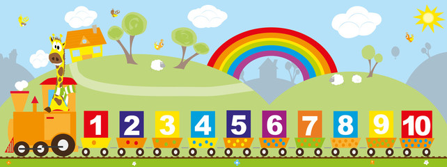 Educational numbers train with smiling giraffe and rural landscape