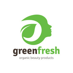 Green fresh logo, healthy logo,woman face and organic symbol.