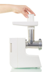 Mincer the electrical and hand woman isolated on white background.