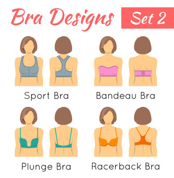 Bra design vector flat icons set. Female torso in different types of brassieres. Front and back view. Lingerie fashion infographic elements. Woman wears sport bra, bandeau, plunge, racerback bras