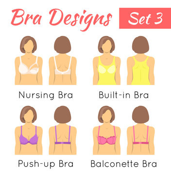 Bra design vector flat icons set. Female torso in different types of brassieres. Front and back view. Lingerie fashion infographic elements. Woman wears nursing, built-in, push up, balconette bras