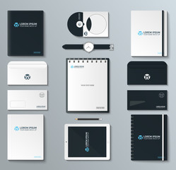 Corporate identity template set. Business stationery mock-up with logo. Branding design. Notebook, card, catalog, pen, pencil, badge, tablet pc mobile phone letterhead