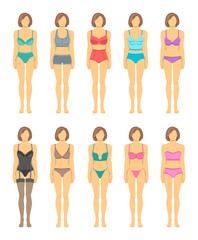 Female figures in fashionable lingerie flat icons. Woman body in underwear front view. Various combinations of bra designs and panties styles. Full length model infographic elements. Wardrobe garments