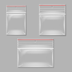 Blank transparent plastic zipper bag vector set. Empty container plastic, polythene container set illustration