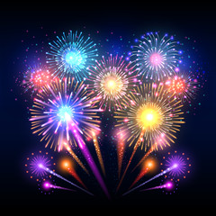 Fototapeta na wymiar Festive vector background, poster with firework rockets bursting. Sparkling effect firework and pyrotechnic realistic firework explode illustration