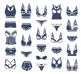 Bra design and panties styles vector flat silhouette icons set. Female underwear pictogram collection. Lingerie fashion infographic elements. Woman wardrobe garments. Various clothes isolated symbols