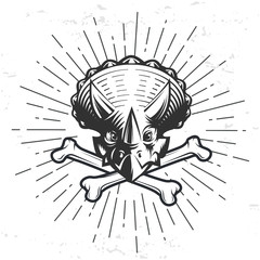 Dino logo template. Triceratops sport mascot design. Vector bone crest label. Jurassic period sunburst illustration. Fury Dino insignia concept. Ancient world badge