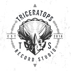 Dinosaur record studio logo template. Triceratops music company logotype. Dino tattoo design. Vector monster label. Cretaceous period retro illustration. Furious Dino insignia concept.