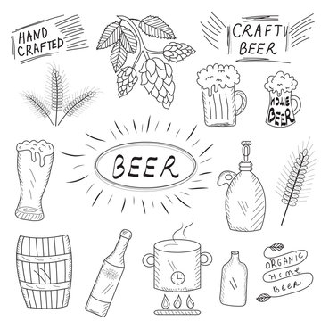 The set of hand drawn sketch of beer and home brewery. Home brewing, crafted beer. Vector illustration