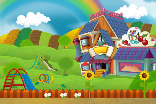 Cartoon scene of playground and colorful building with some kind of sweets - illustration for children
