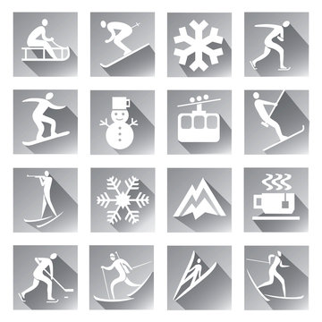 Winter sport grey web icons set of modern icons with long shadow with winter sport symbols. Vector available.. 
