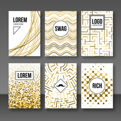 Set of greeting cards, gift tags, certificate. Golden banners postcards shapes