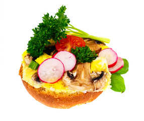 Sandwich with Mushrooms, Tomato, Cheese, Onion and Radish