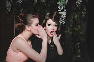 Two fashion girlfriends gossip. Beautiful caucasian young women with way hairstyle, red lips make up. Fashionable sexy couple of best friends girls, have a fun. Crazy emotions, creative photo concept.